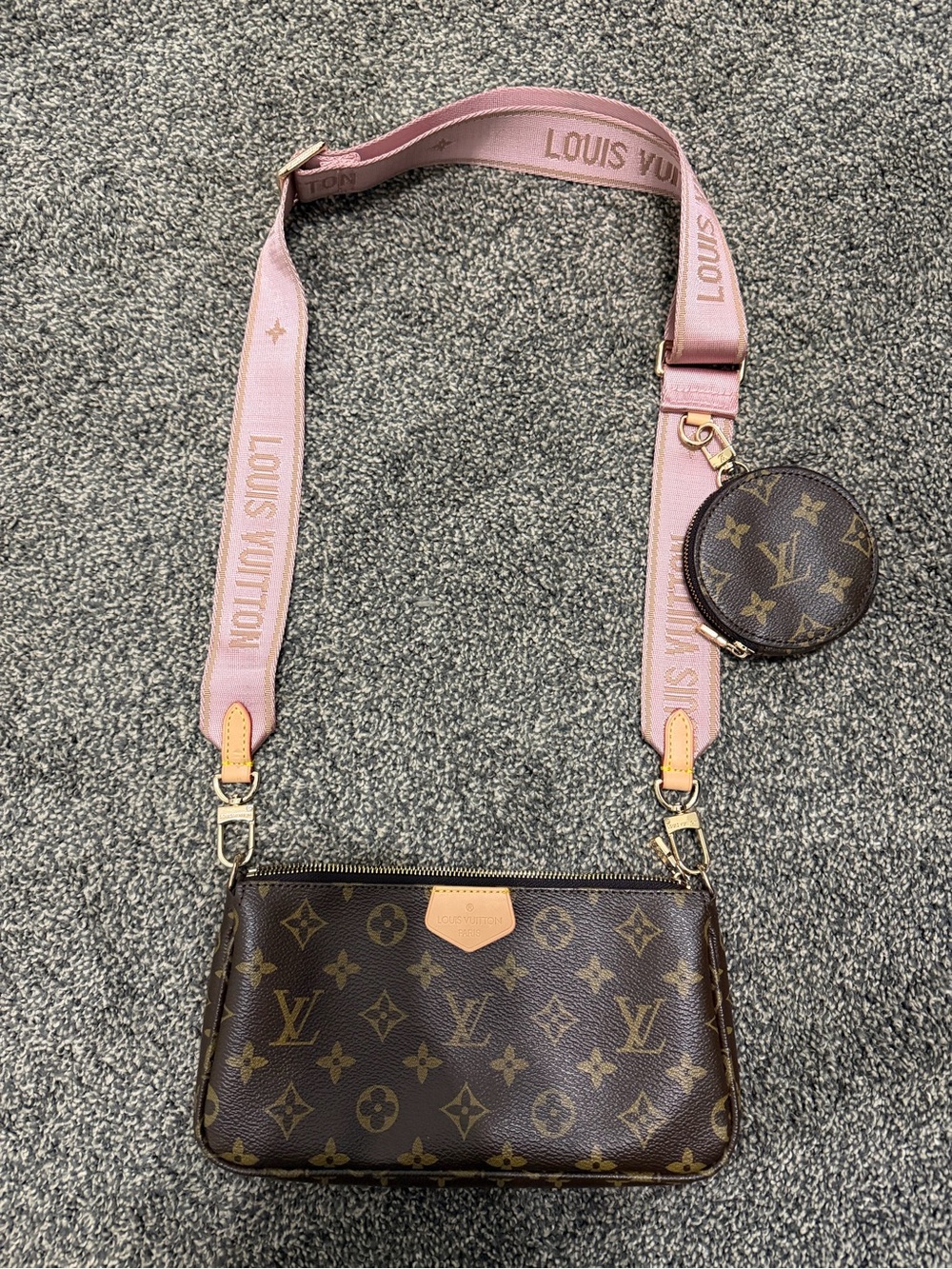 Louis Vuitton Monogram Crossbody with Pink Logo Strap and Coin Pouch